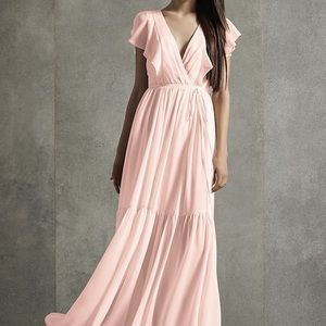 Blush pink bridesmaid dress ruffle sleeves